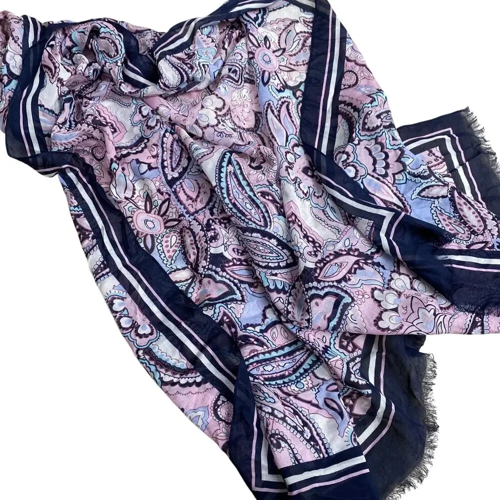 Cotton rayon blend scarf wrap shawl Boho pink & blue paisley preppy beachy chic